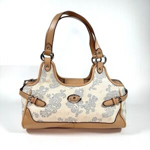 Etienne Aigner Paisley Canvas Leather Shoulder Bag Satchel Tan Cream